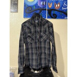 Wrangler Long Sleeve Pearl Snap Shirt Men's Medium Gray Black Blue